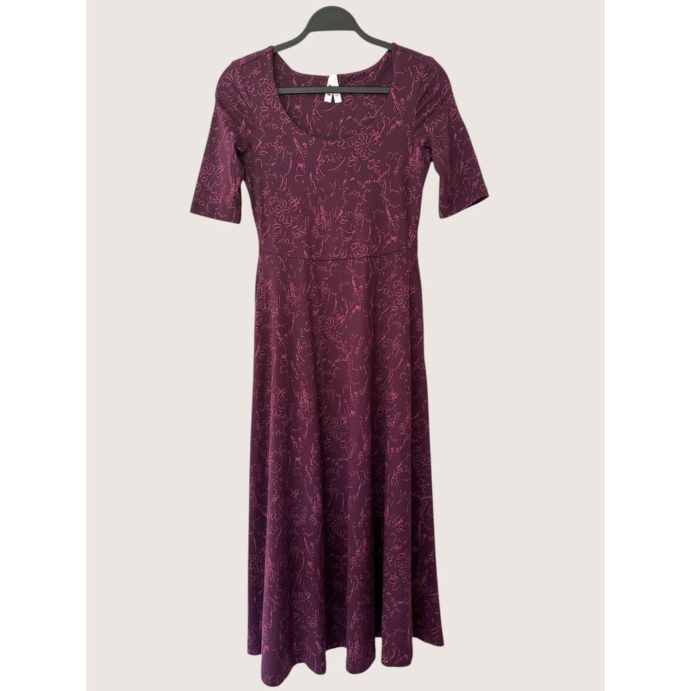 Pact Organic Cotton Fit & Flare Signature Scoop Neck Midi Dress XS Purple Floral